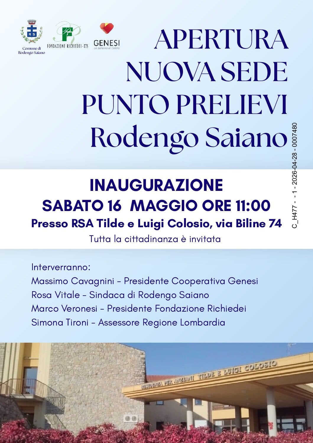  16 MAGGIO 2026 INAUGURAZIONE DELLA NUOVA SEDE DEL PUNTO PRELIEVI DI RODENGO SAIANO