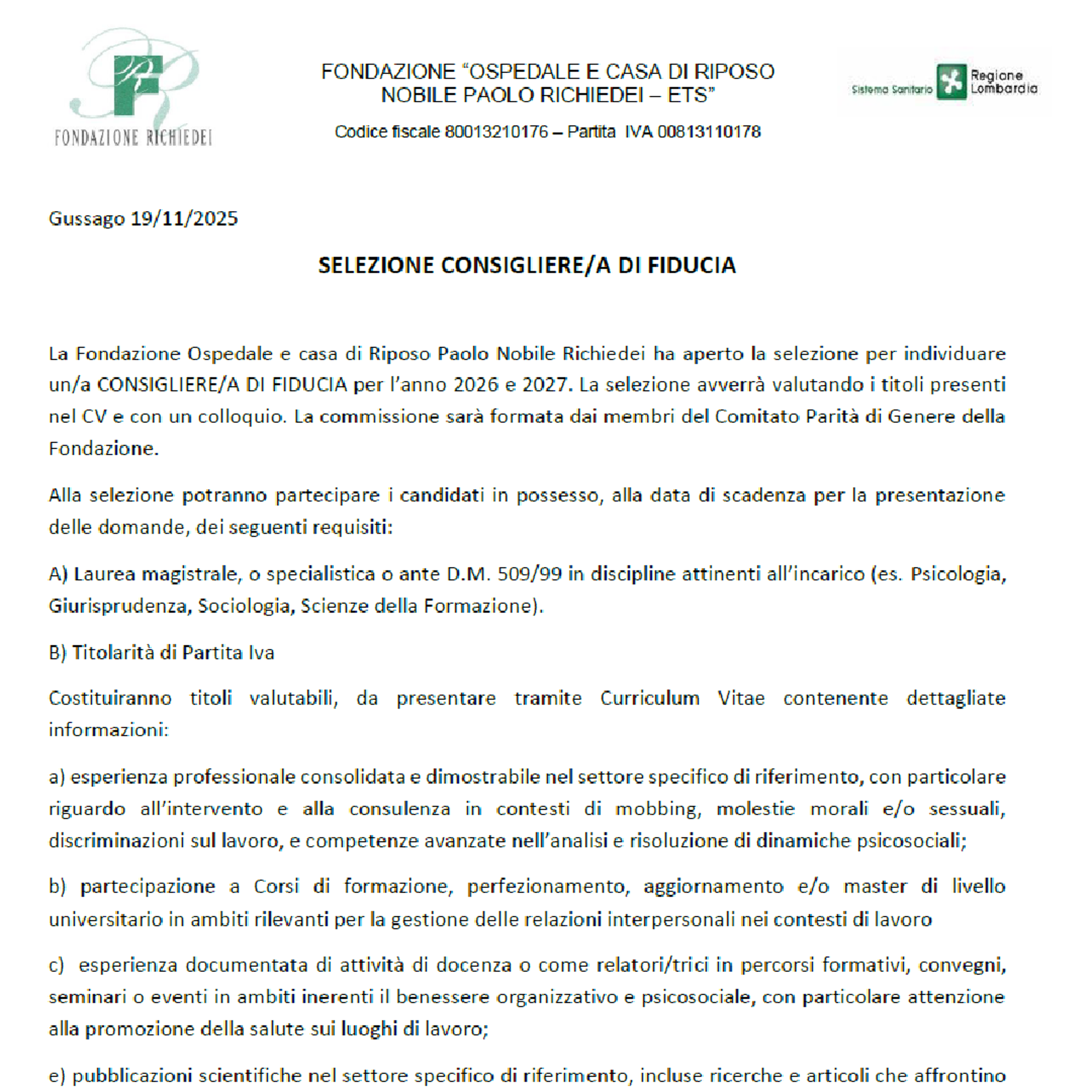 Selezione Consigliere di Fiducia