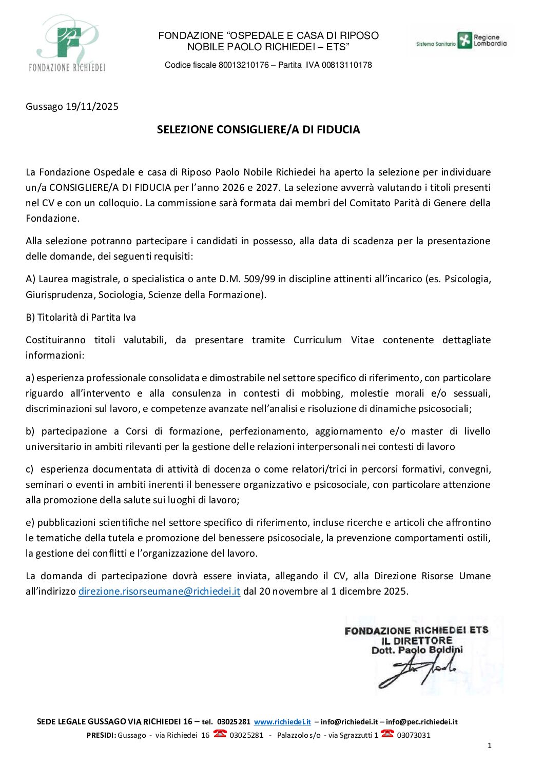 Selezione Consigliere di Fiducia